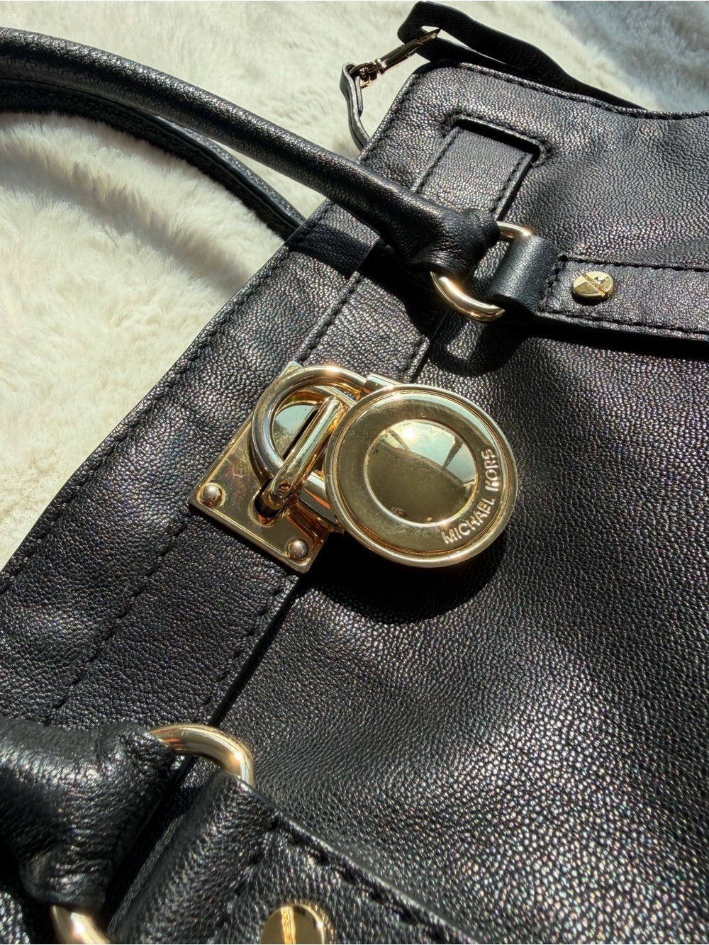 Michael Kors Hamilton Black Leather Tote with Gold MK Lock - Picture 9 of 14